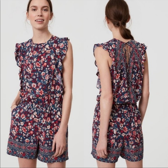 LOFT XS Cross Back Ruffle Floral Romper - Picture 1 of 13
